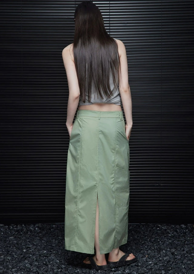 Back Slit Green Long Skirt_BDHL6041