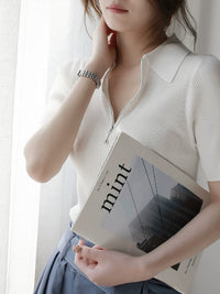 Lyocell Acetate Half-Zip Polo Knit Top_BDHL7302