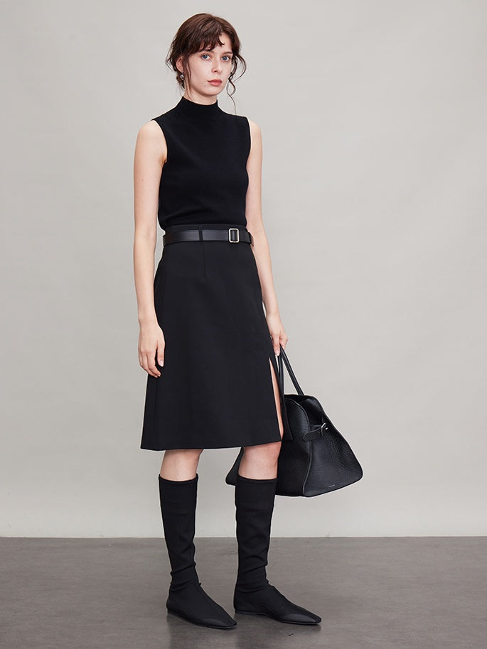 Straight Front Slit A-Line Skirt_BDHL6680