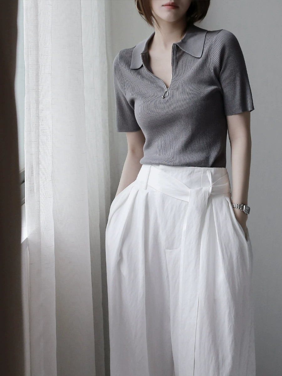 Lyocell Acetate Half-Zip Polo Knit Top_BDHL7302
