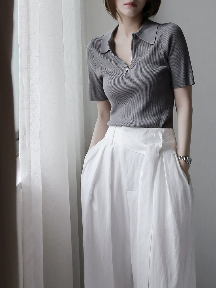 Lyocell Acetate Half-Zip Polo Knit Top_BDHL7302