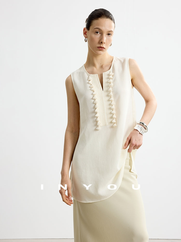 Fringe V-Neck Sleeveless Tops_BDHL7652