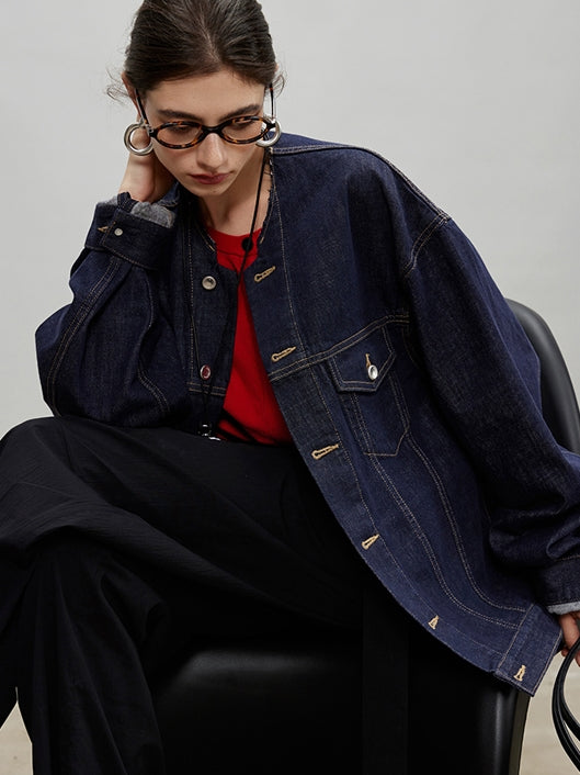 Retro Collarless Denim Jacket_BDHL7197