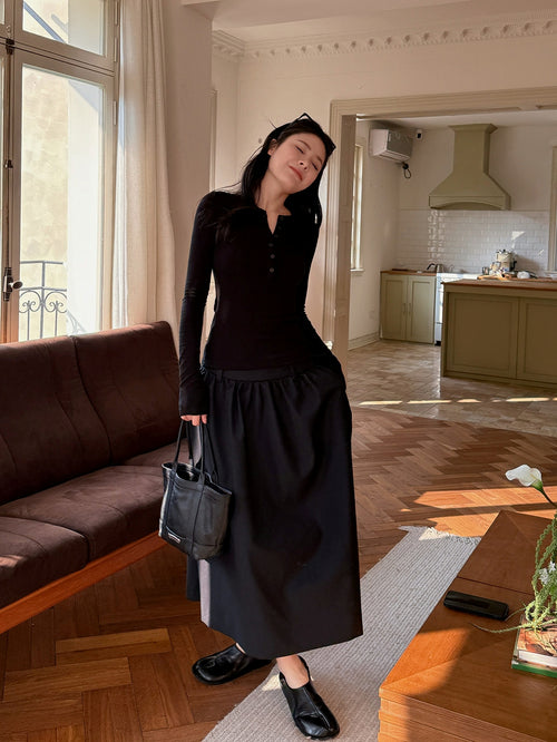 Black Gathered Long Skirt_BDHL8086
