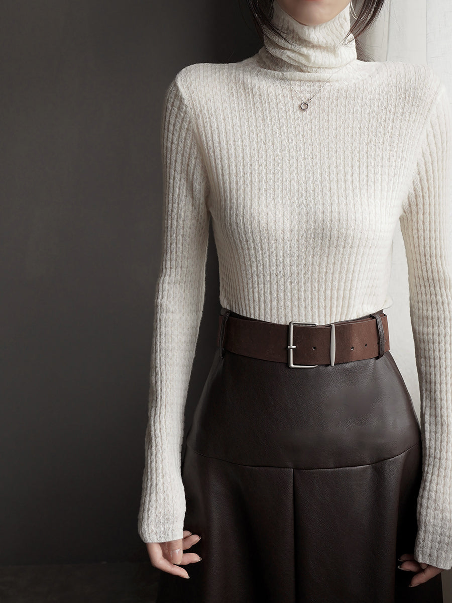 Turtleneck Or High-Neck Waffle Knit Tops_BDHL7930