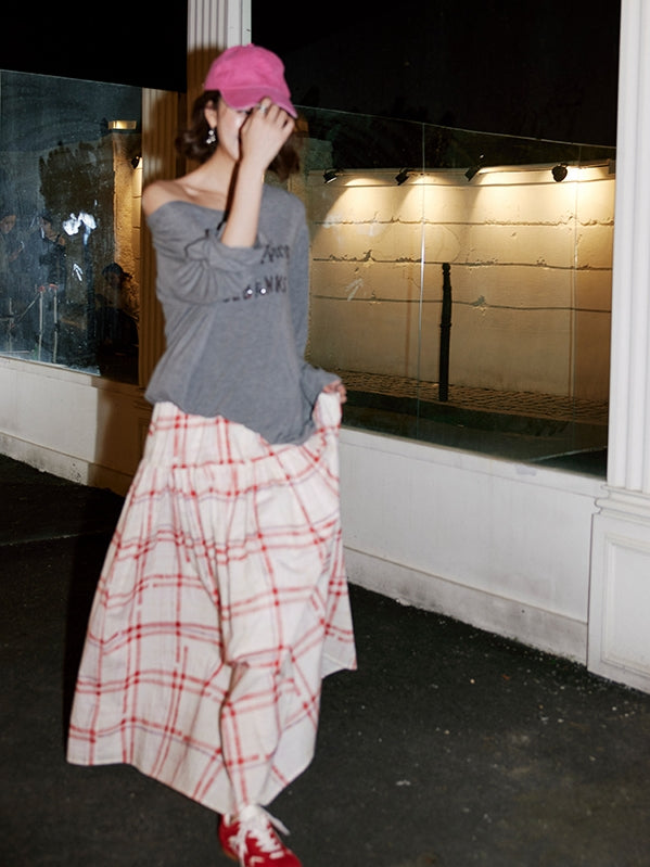Red Chequered Swing Skirt_BDHL7473