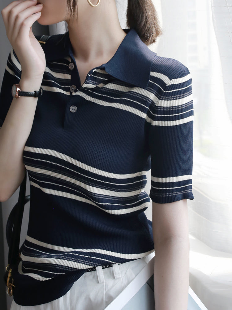 Stripe POLO Lapel Slim Tops_BDHL6081