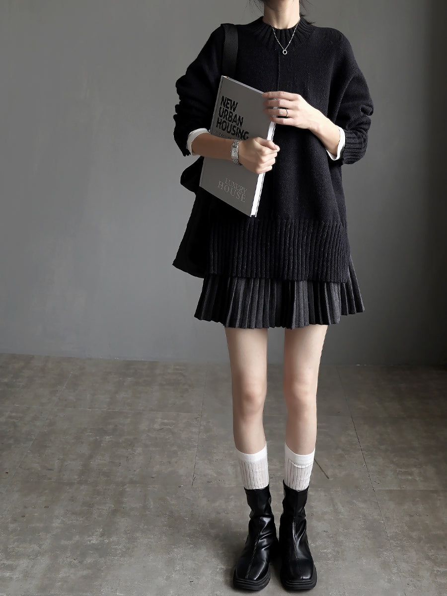 Crew-Neck Loose-Hem Knit Tops_BDHL7927