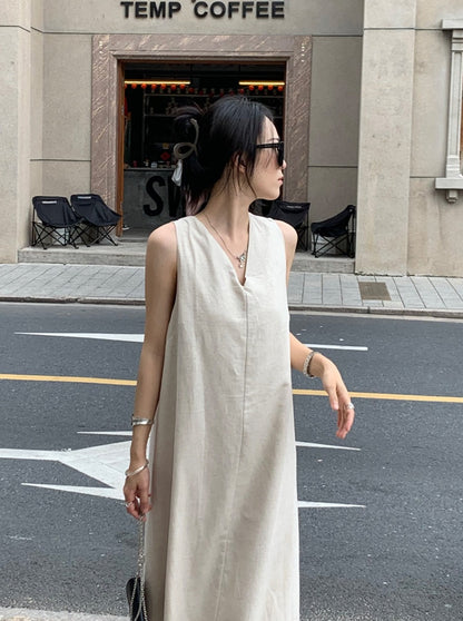 V-Neck Loose Fit Sleeveless Dress_BDHL6172