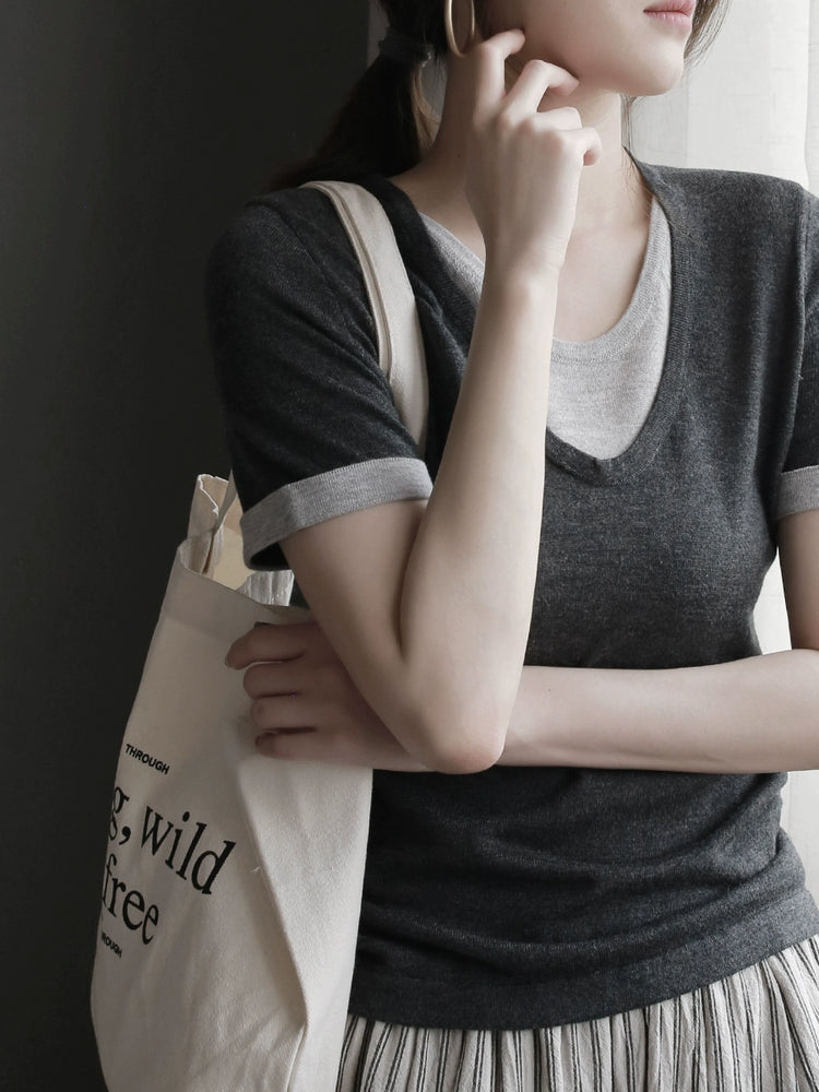 Soft Crew Neck Fake Two-Piece Knit Tee_BDHL7313