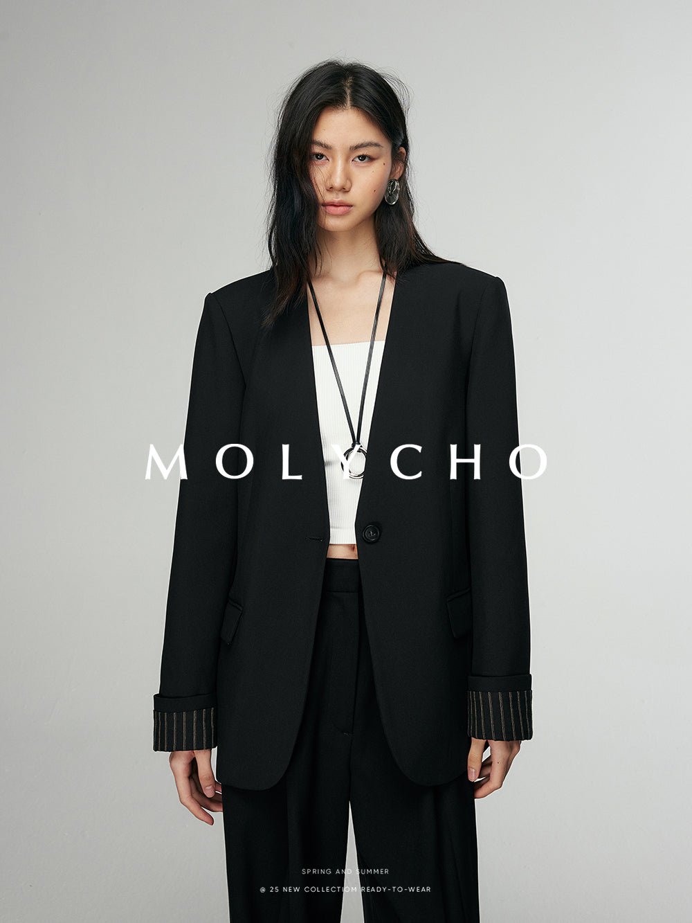 Striped Splicing One-Button Jacket_BDHL6884