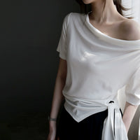 Swing Collar Side Lace Tencel Short Sleeve T-Shirt_BDHL7300