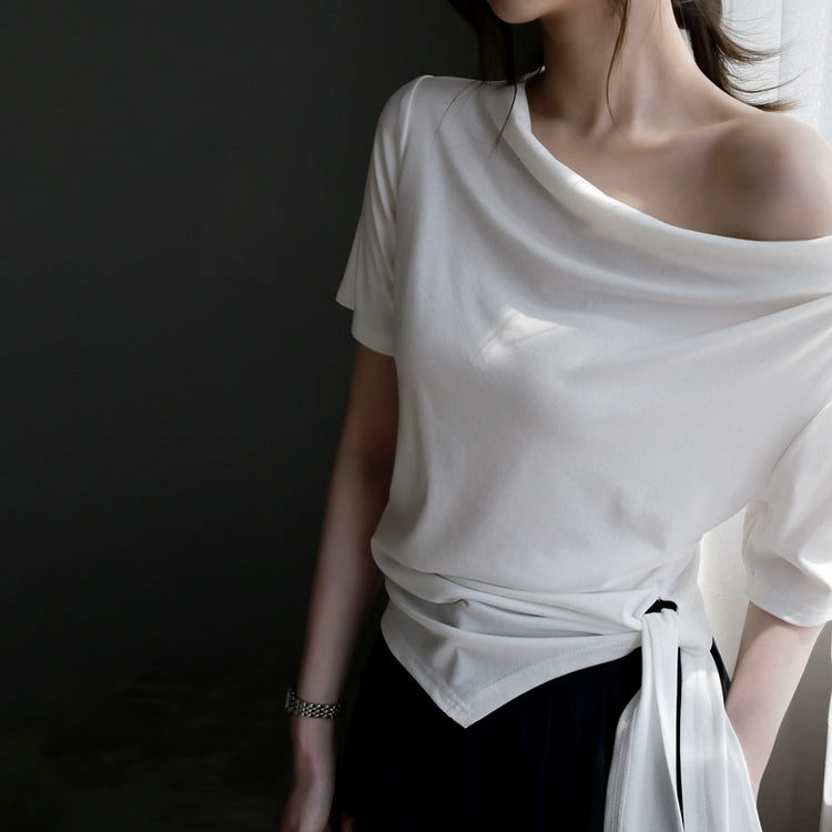 Swing Collar Side Lace Tencel Short Sleeve T-Shirt_BDHL7300