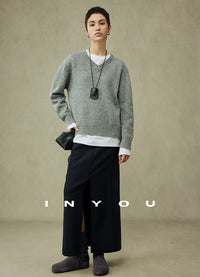 V-neck Grey Knitted Tops_BDHL6907