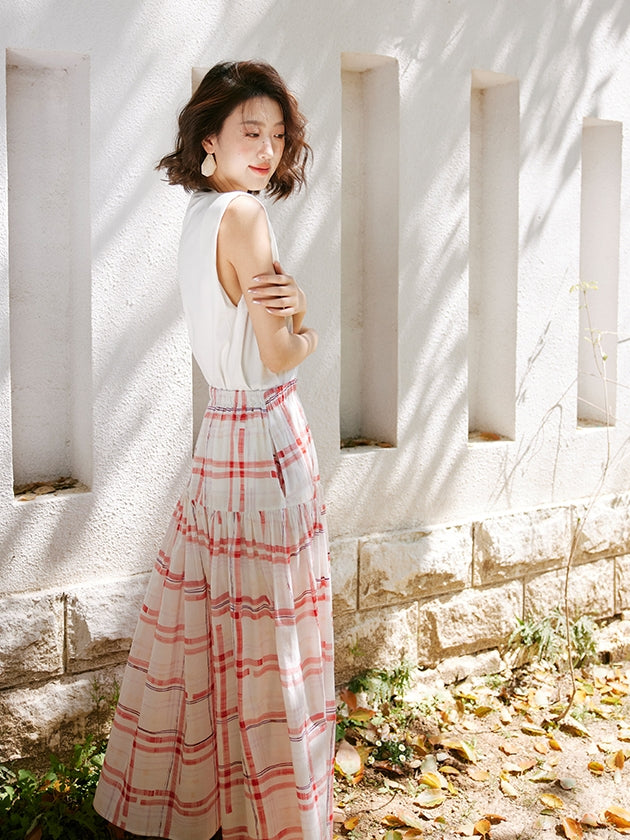 Red Chequered Swing Skirt_BDHL7473