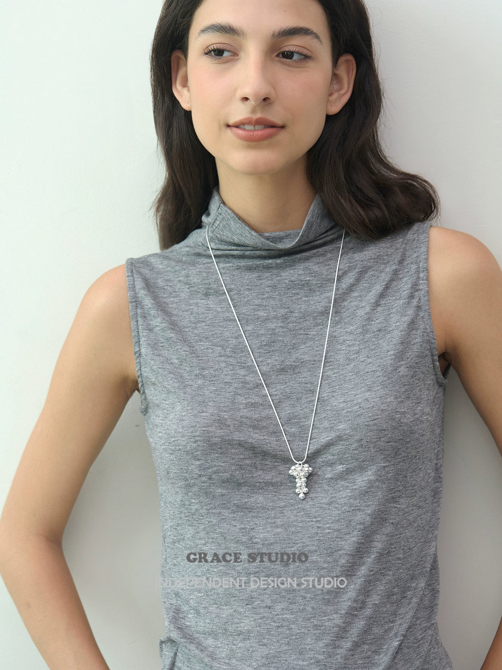 silver grape cluster pendant long necklace_BDHL7680