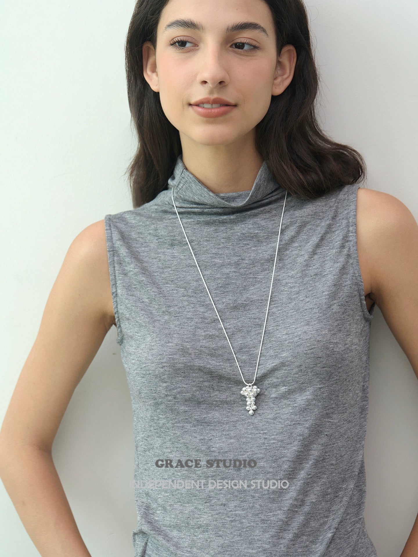 silver grape cluster pendant long necklace_BDHL7680