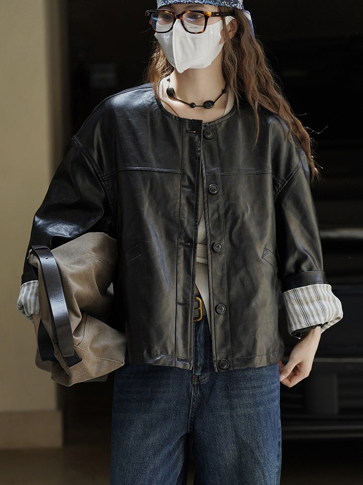 Collarless Leather Jacket_BDHL7771