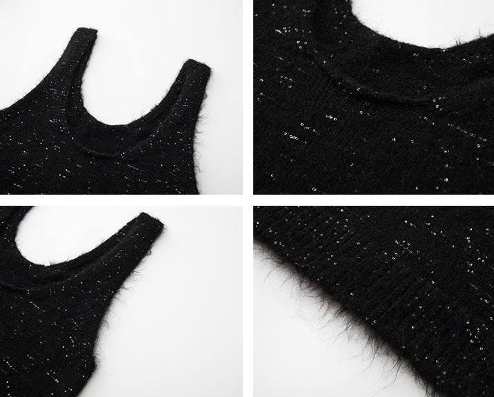 Glitter U-Neck Black Knitted Vest_BDHL6756