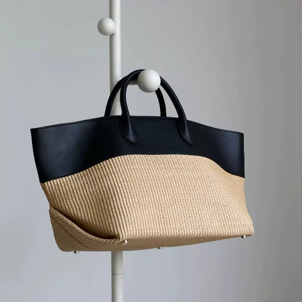 Patchwork Straw Tote Bag_BDHL8197