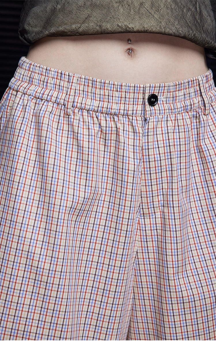 Pink Check Cotton Loose Wide-leg Slacks Pants_BDHL7638