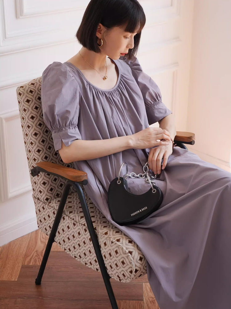 Pleated Loose Puff Sleeve Dress_BDHL6237