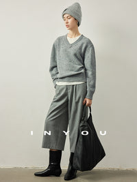 V-neck Grey Knitted Tops_BDHL6907