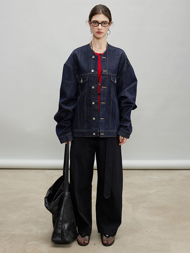 Retro Collarless Denim Jacket_BDHL7197