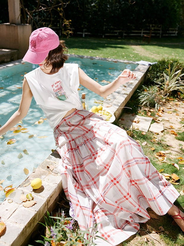 Red Chequered Swing Skirt_BDHL7473