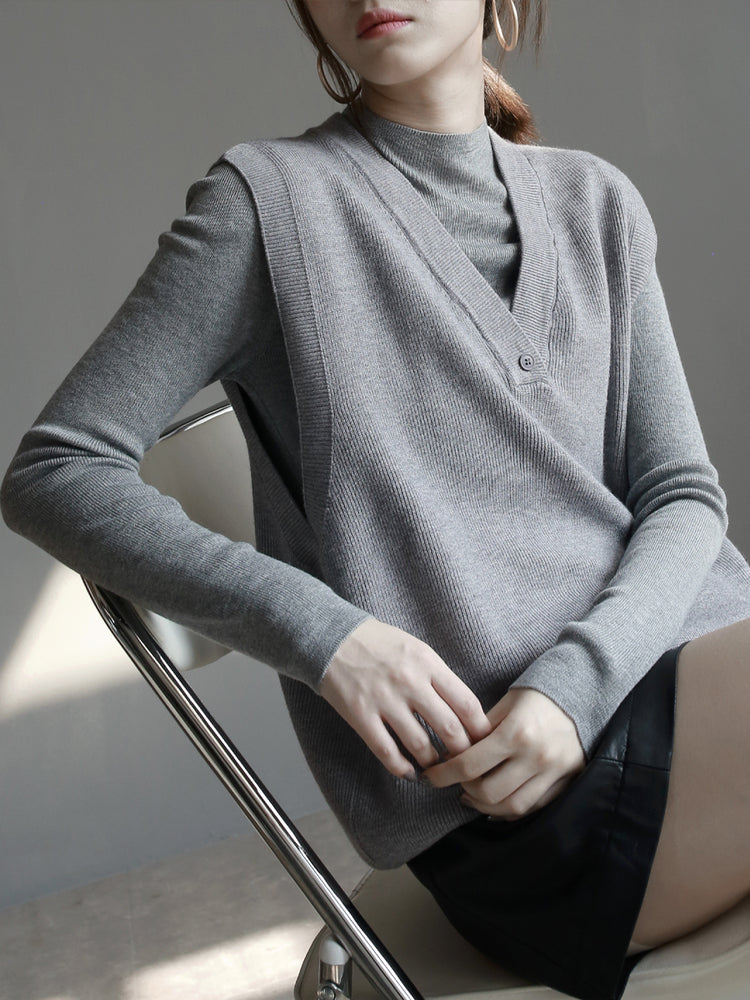 Half Turtleneck Knit And One-Button Vest Set_BDHL6726