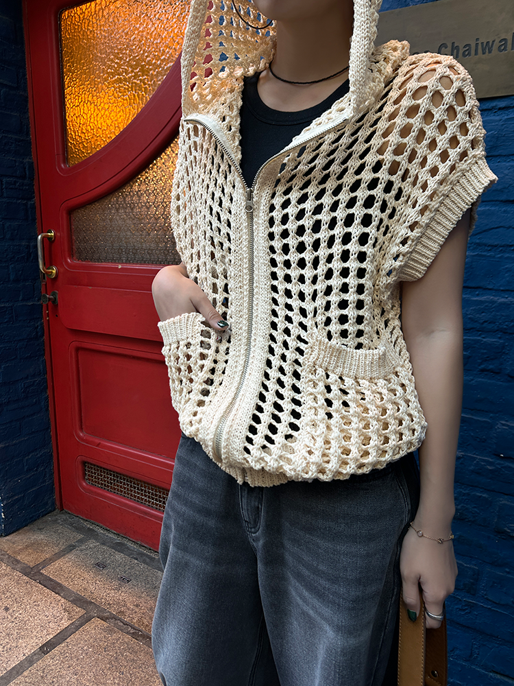 Hooded Hollow Knit Cardigan_BDHL7157