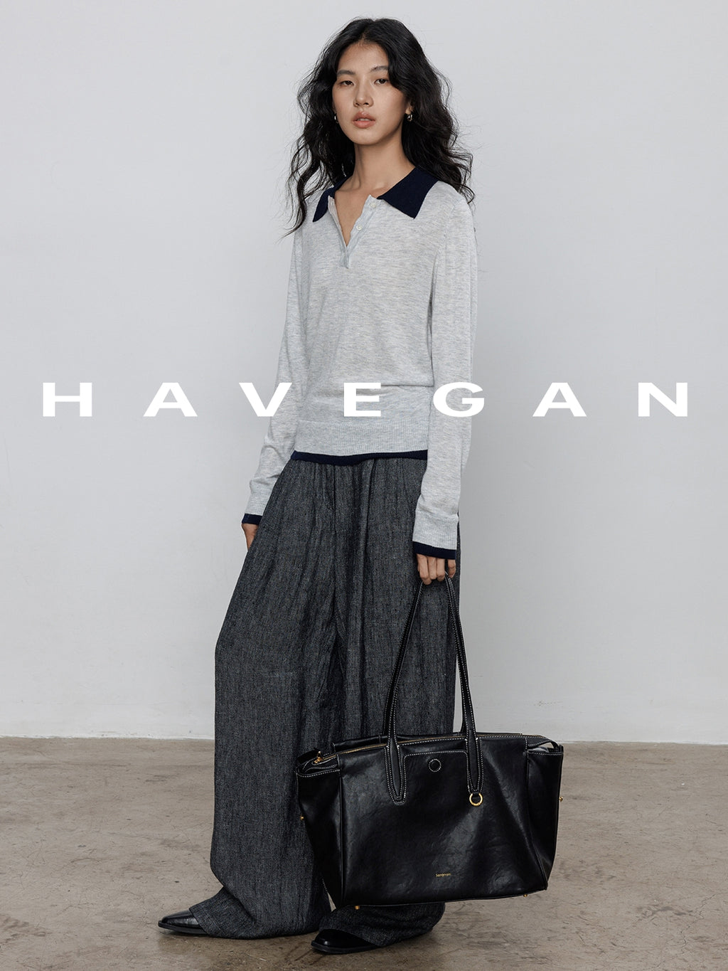 Contrast Collar Long-Sleeved Tops_BDHL7694