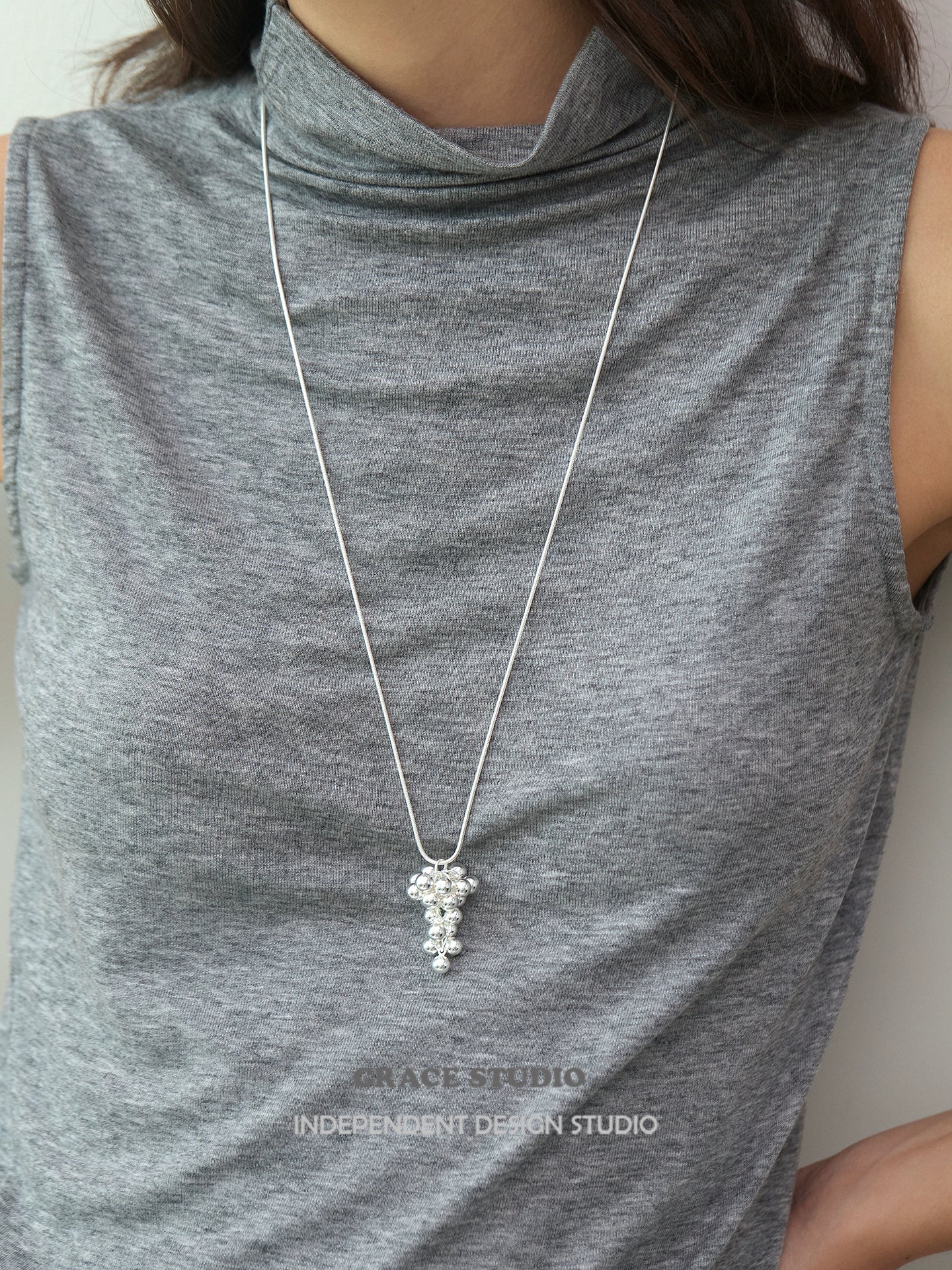 silver grape cluster pendant long necklace_BDHL7680