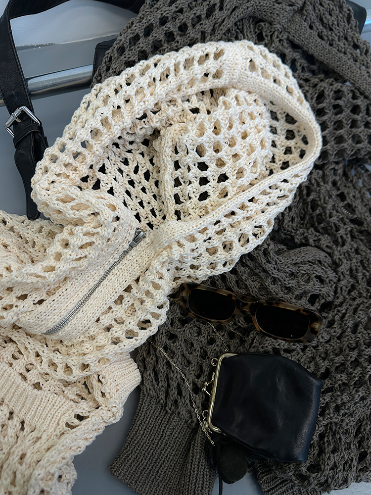 Hooded Hollow Knit Cardigan_BDHL7157