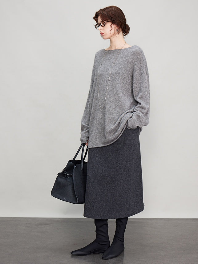 Gray Back Slit Tweed Skirt_BDHL6693