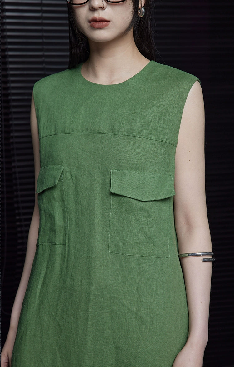 Linen sleeveless relaxed green dress_BDHL5907