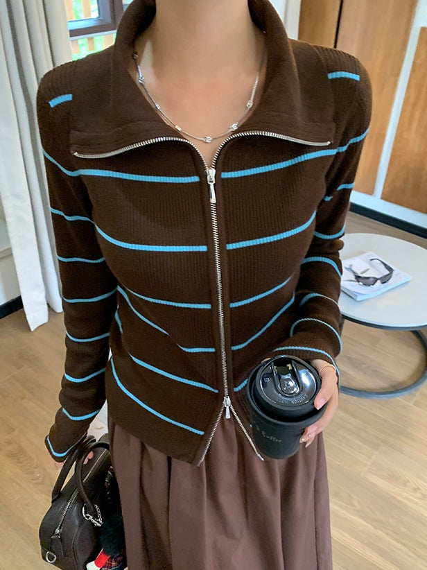 Striped Zip-Up Knit Cardigan_BDHL7660
