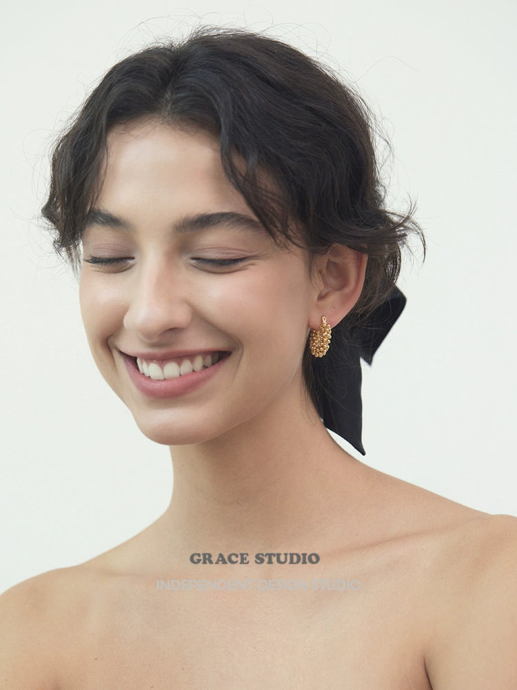 Shiny Bead Wave Hoop Pierced Earrings_BDHL7685