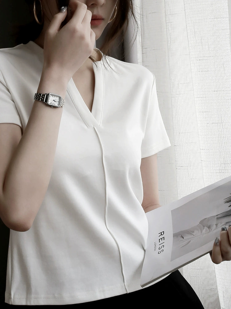 V-Neck Short Sleeve Cotton T-Shirt_BDHL7287