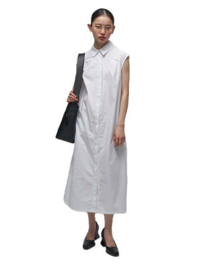 White Pleated Sleeveless Shirt Dress_BDHL6197