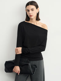 Black One-Shoulder Pleated Tops_BDHL6538