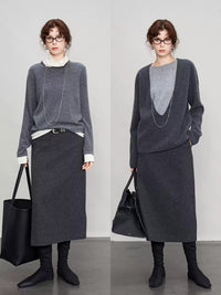 Gray Back Slit Tweed Skirt_BDHL6693