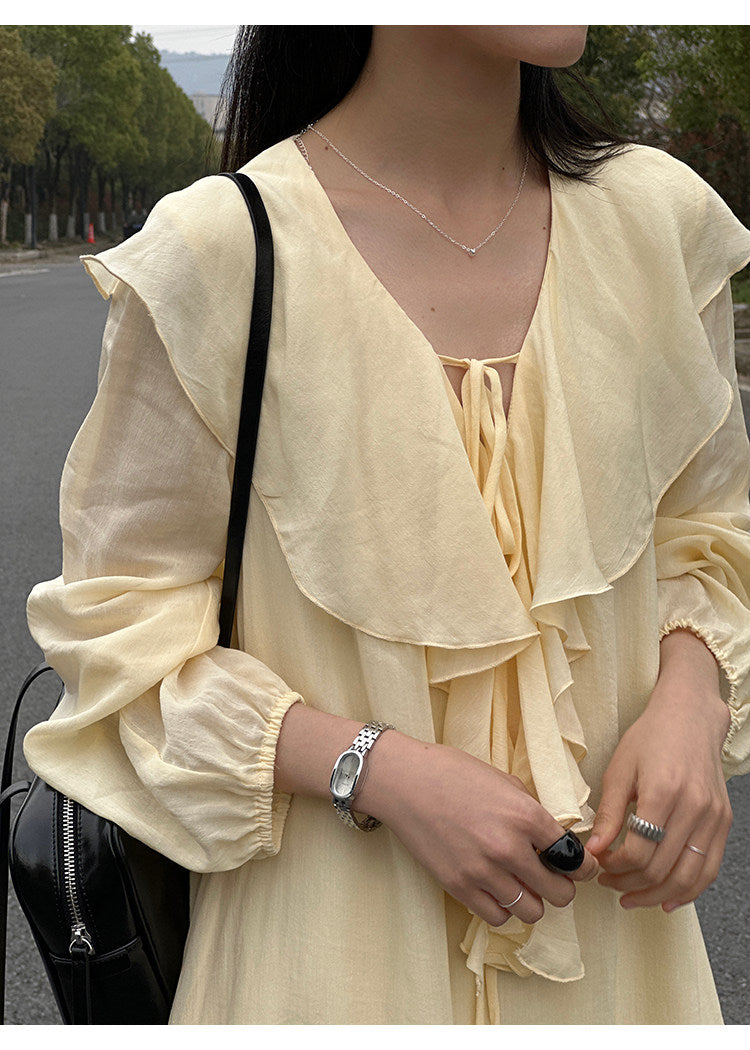 Ruffle V-neck Puff Sleeve Loose Long Dress_BDHL8262