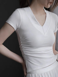 Side Pleated V-Neck T-Shirt_BDHL7416