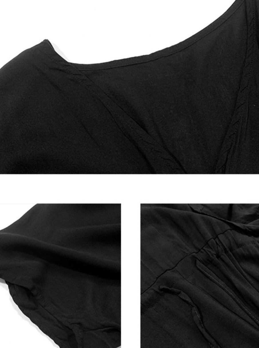 V-Neck Gathered Black Dress_BDHL6241