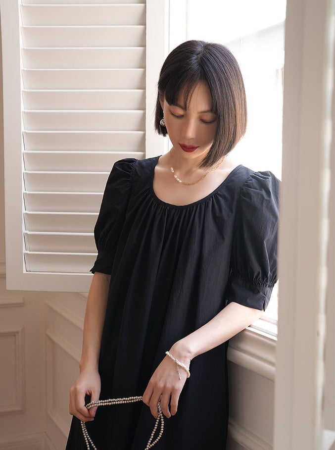 Pleated Loose Puff Sleeve Dress_BDHL6237