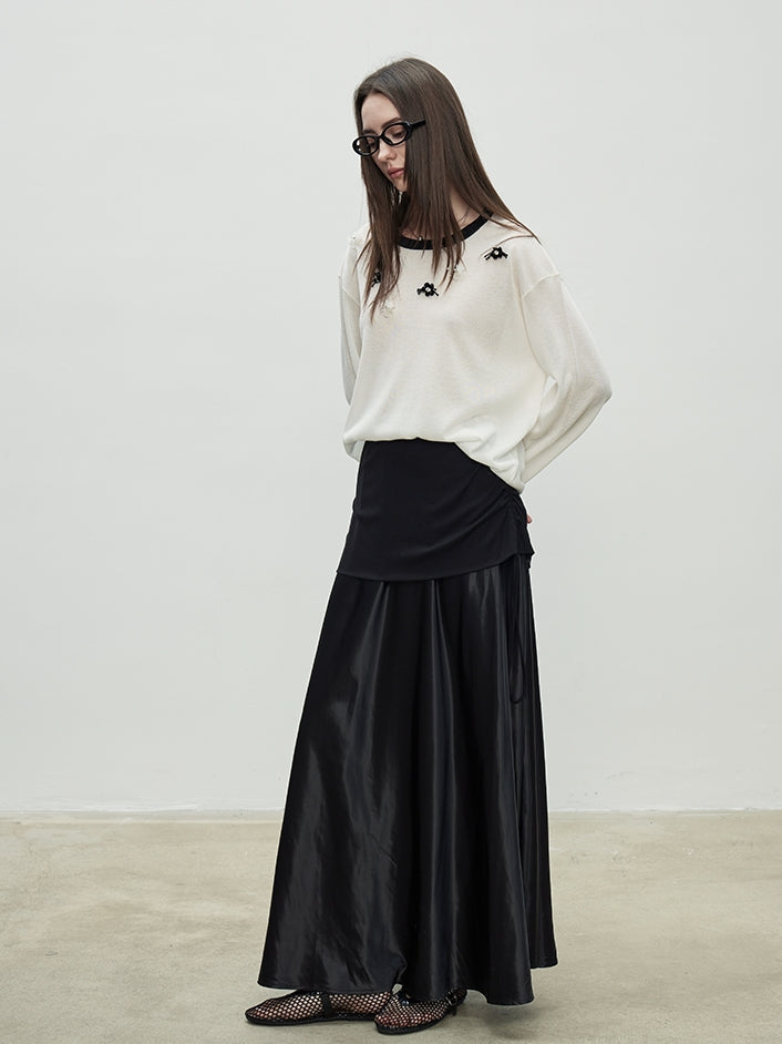 Black Double Fabric Long Skirt_BDHL7075