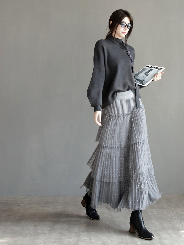 Mesh Pleated Tiered Skirt_BDHL6868