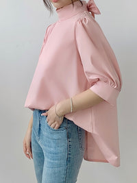 Lantern Sleeve Bow Tie Tops_BDHL7218