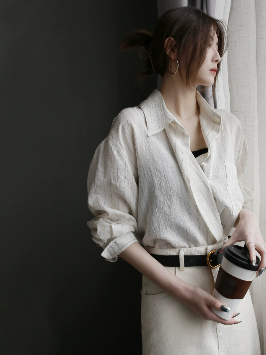 [In Stock/Only 1 Item] Striped Two-Button Relaxed Fit Cardigan Shirt_LCHK356